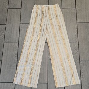 7 For All Mankind Women’s Pants Size 23 White Gold Metallic‎ Striped Wide Leg